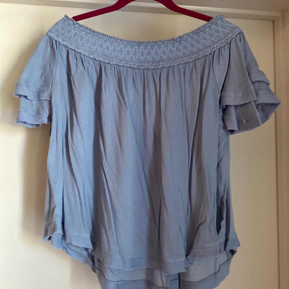 Boutique L flitter sleeve light denim blue off shoulder top with back detail